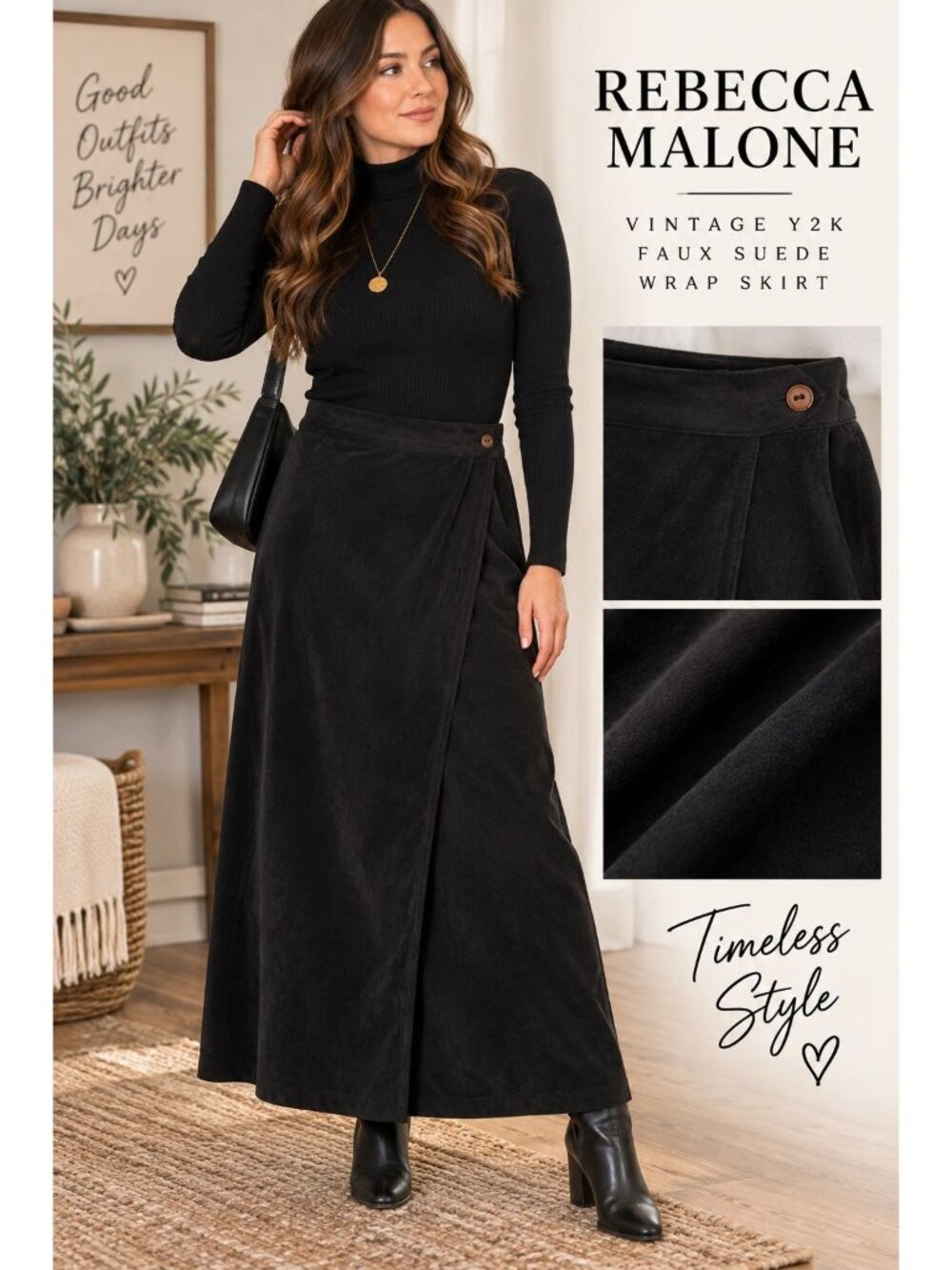 VTG Y2K Rebecca Malone Womens L Black Faux Suede Maxi Full True Wrap Skirt
